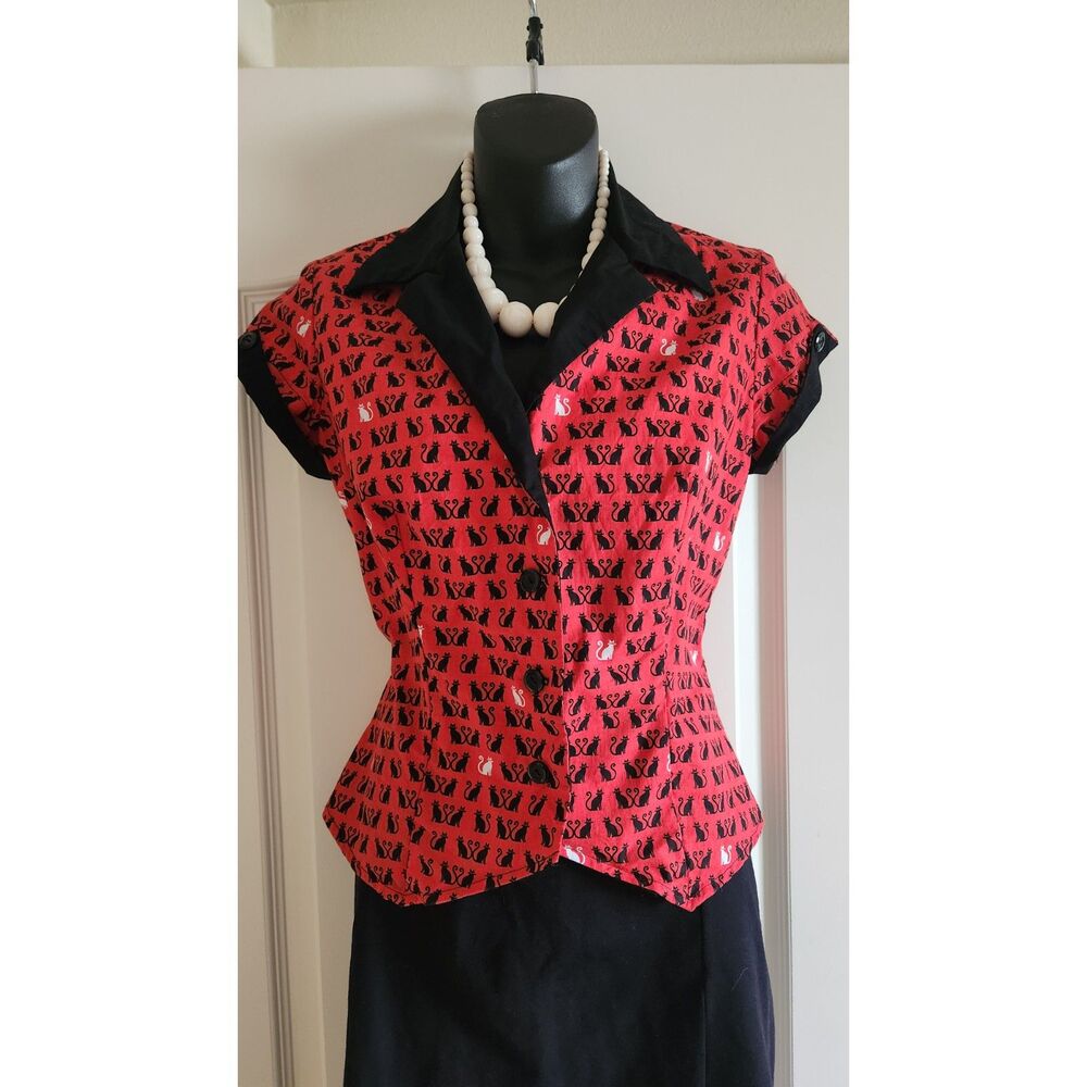 Heart Of Haute Red Black White Kitty Cats Cotton Dolly Blouse Retro Rockabilly M